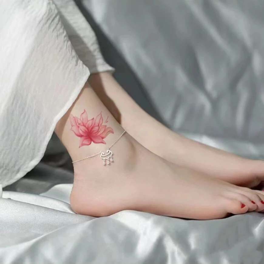 步步生莲高颜值古风纹身贴防水女持久脚踝手臂唯美小清新逼真彩绘