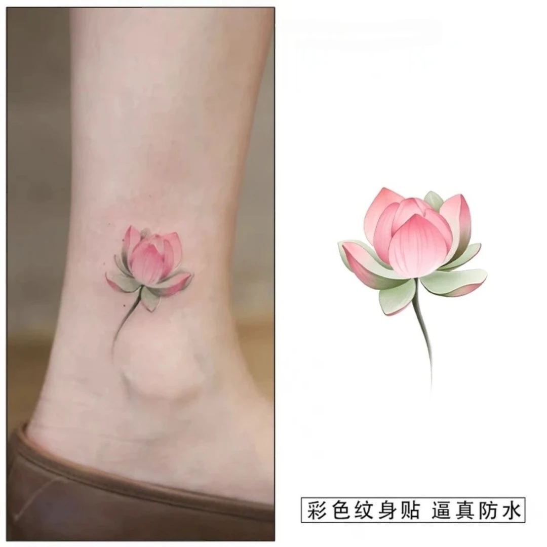 国风唯美荷花纹身贴可水洗高颜值脚踝防水持久纯欲风仿真小清新