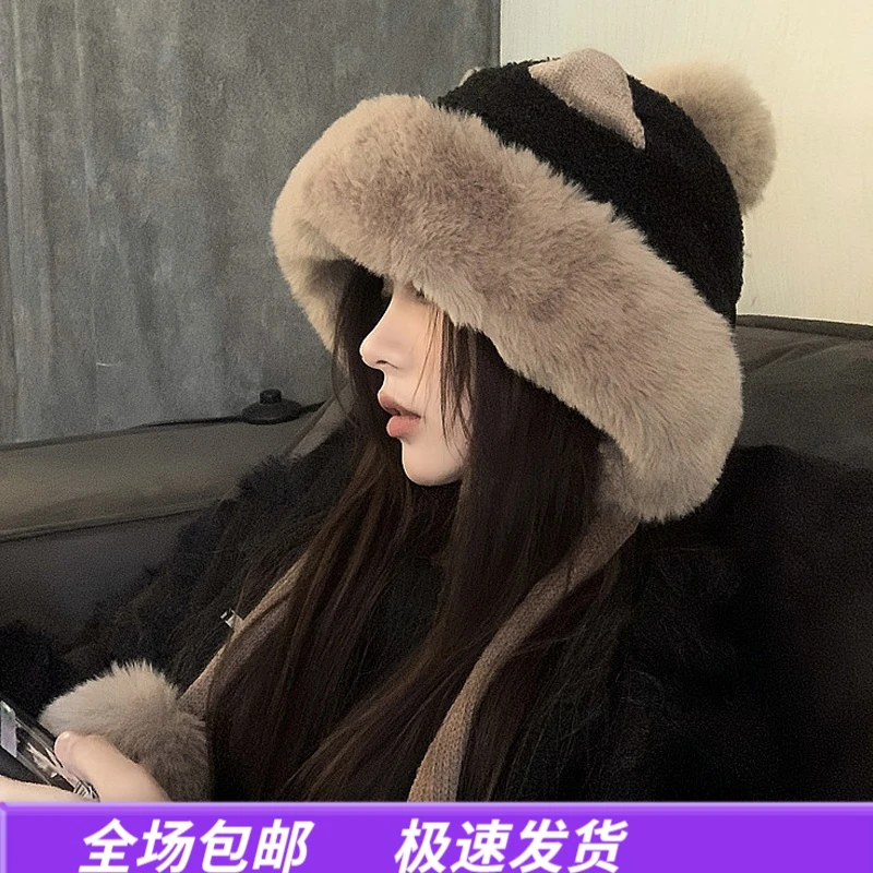 Viney雷锋帽子女冬季可爱耳朵毛绒帽韩版百搭护耳保暖加绒包头帽