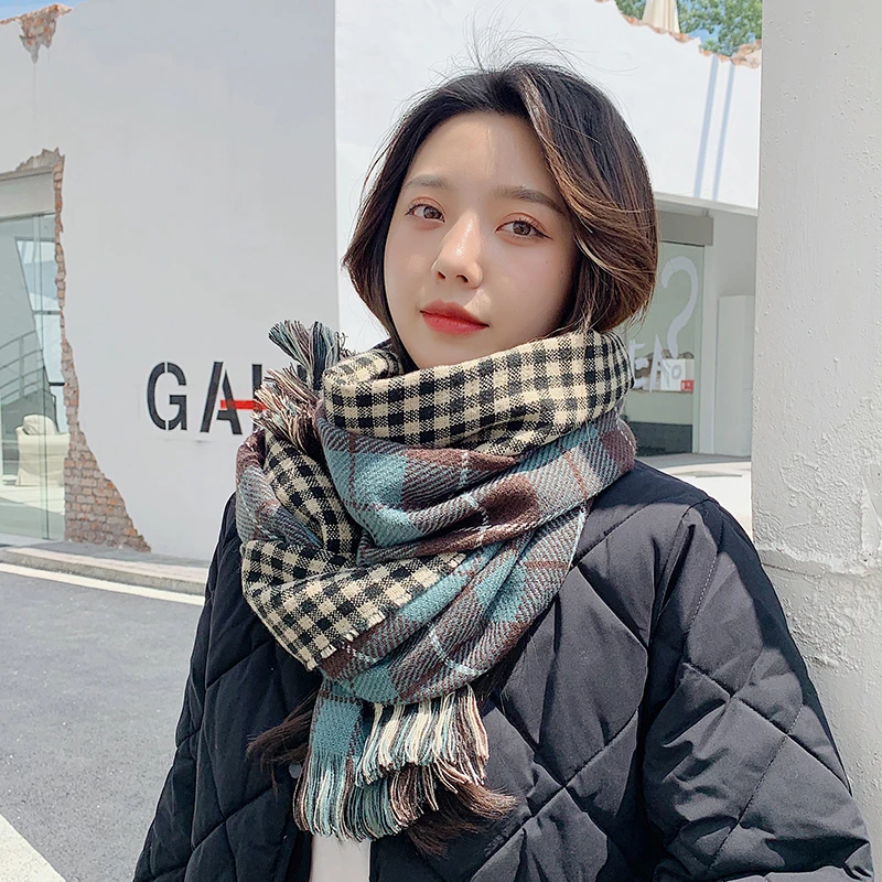 Viney围巾女秋冬季百搭新款加厚保暖针织披肩外搭高颜值格子围脖
