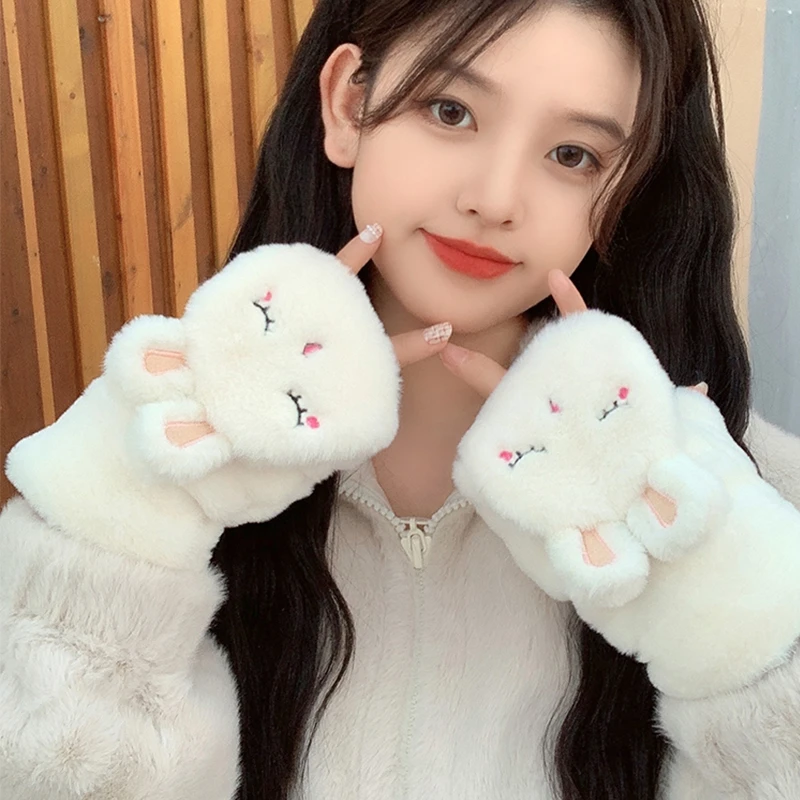 Viney手套女春夏季加绒加厚毛绒可爱ins骑车保暖翻盖韩版露指手套