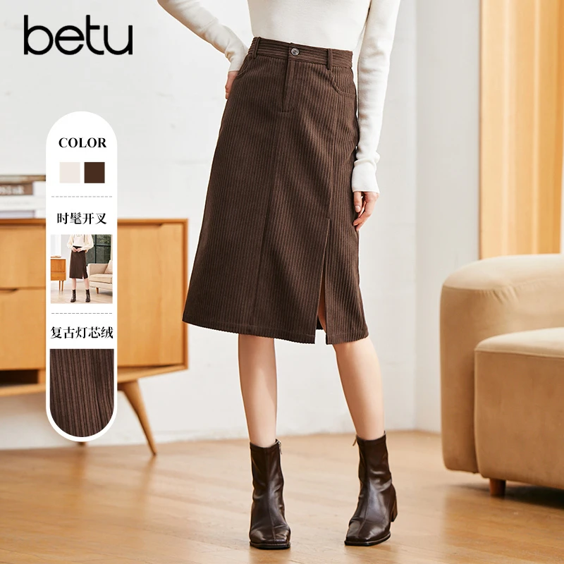 Betu/百图2025年复古灯芯绒半身裙中长款开衩A字裙2210T55