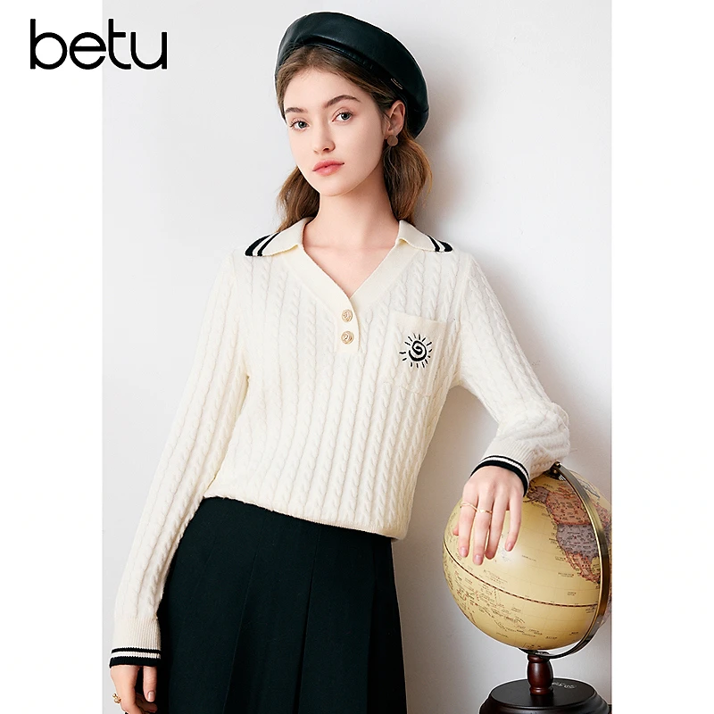 Betu/百图2025年秋季新款春秋时尚百搭打底翻领毛针织衫2401T06