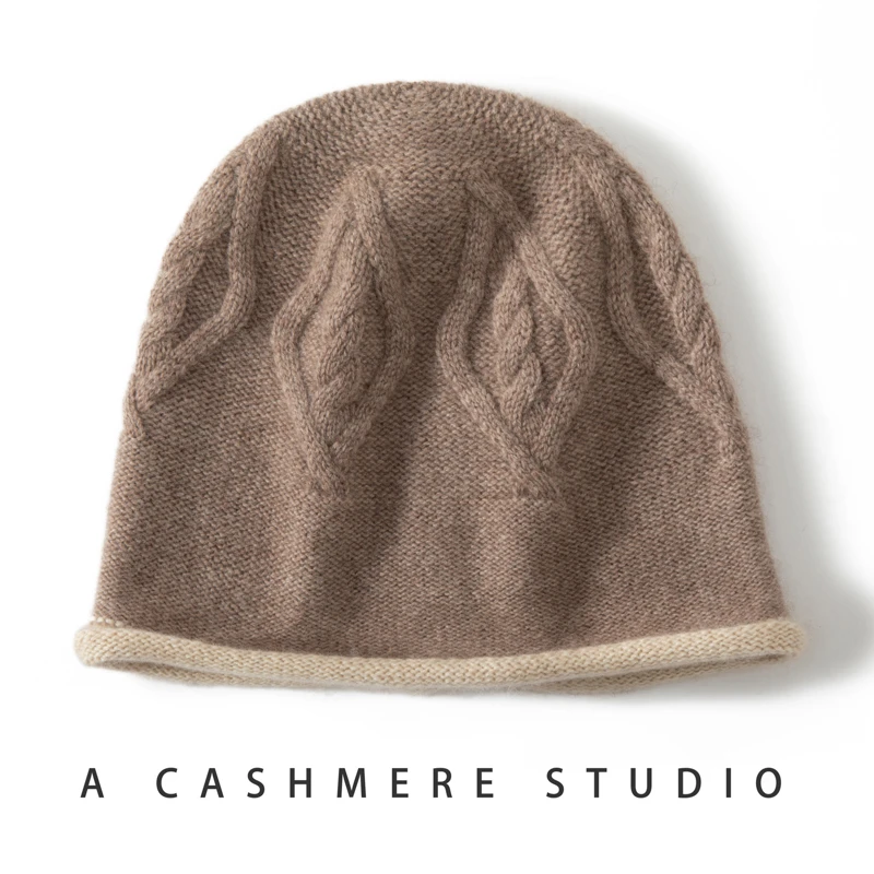 秋冬季纯山羊绒帽子男女百搭撞色卷边毛线帽保暖防风针织帽PS249