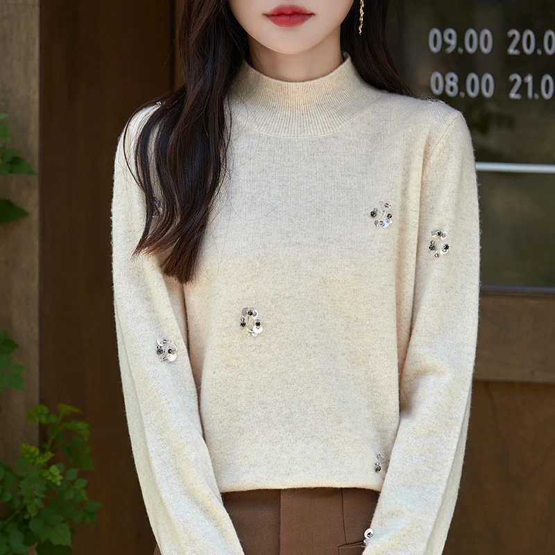 秋冬100%纯羊毛衫女气质半高领亮片打底毛衣宽松套头针织衫PY6058