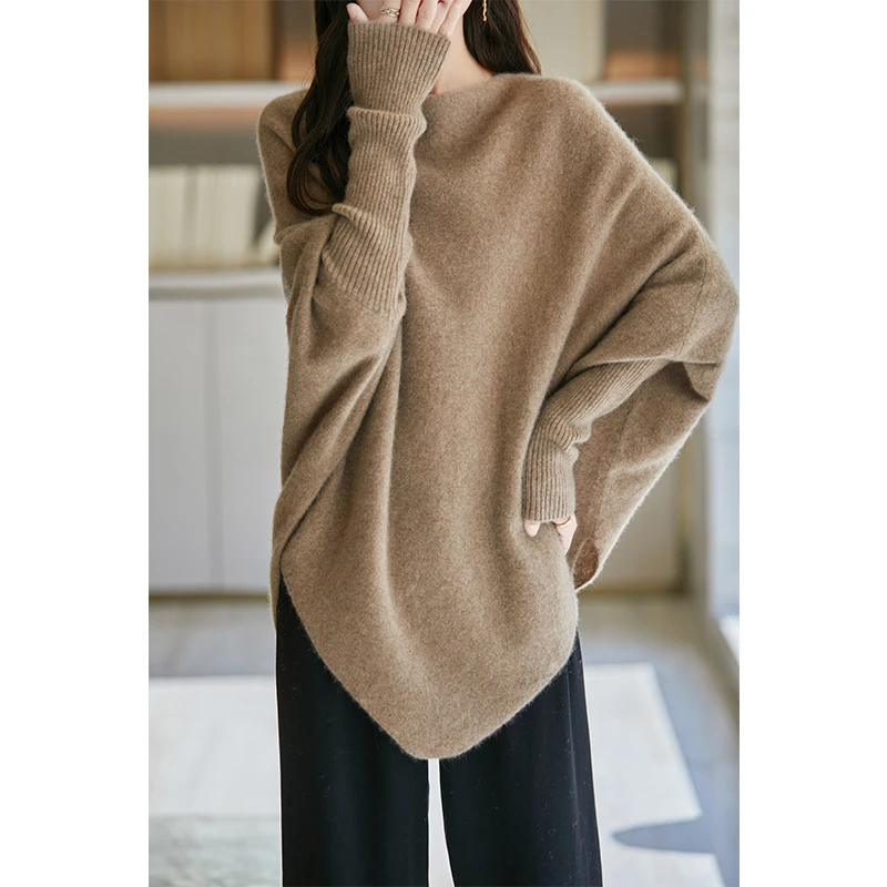 秋冬100%羊毛针织衫女一字领套头三角披肩时尚慵懒风外搭YYY2433