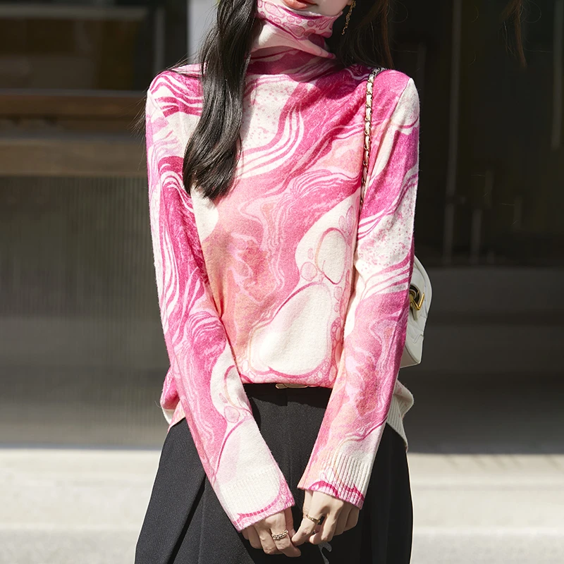 秋冬季100%羊毛衫女气质堆堆领扎染印花宽松套头针织衫毛衣XS660