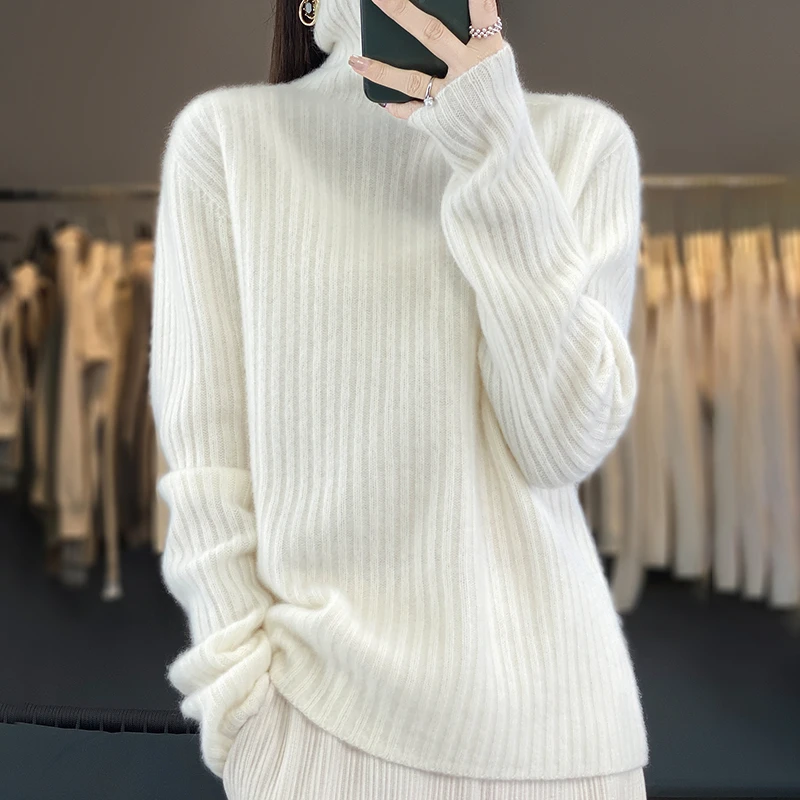 秋冬100%纯羊毛衫女坑条加厚高领打底毛衣宽松套头针织上衣NS808