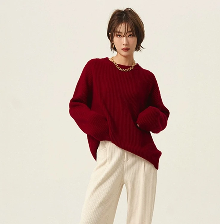 秋冬复古安哥拉红时尚圆领落肩袖毛衣女宽松套头针织打底衫XZ236