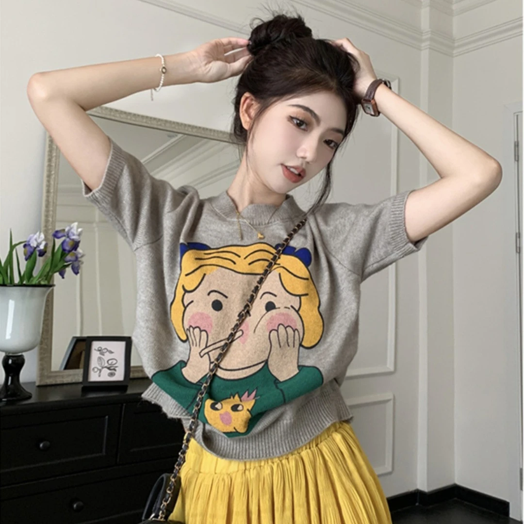 2025春夏新款减龄套头百搭毛衣女装可爱卡通短袖小个子针织衫6528