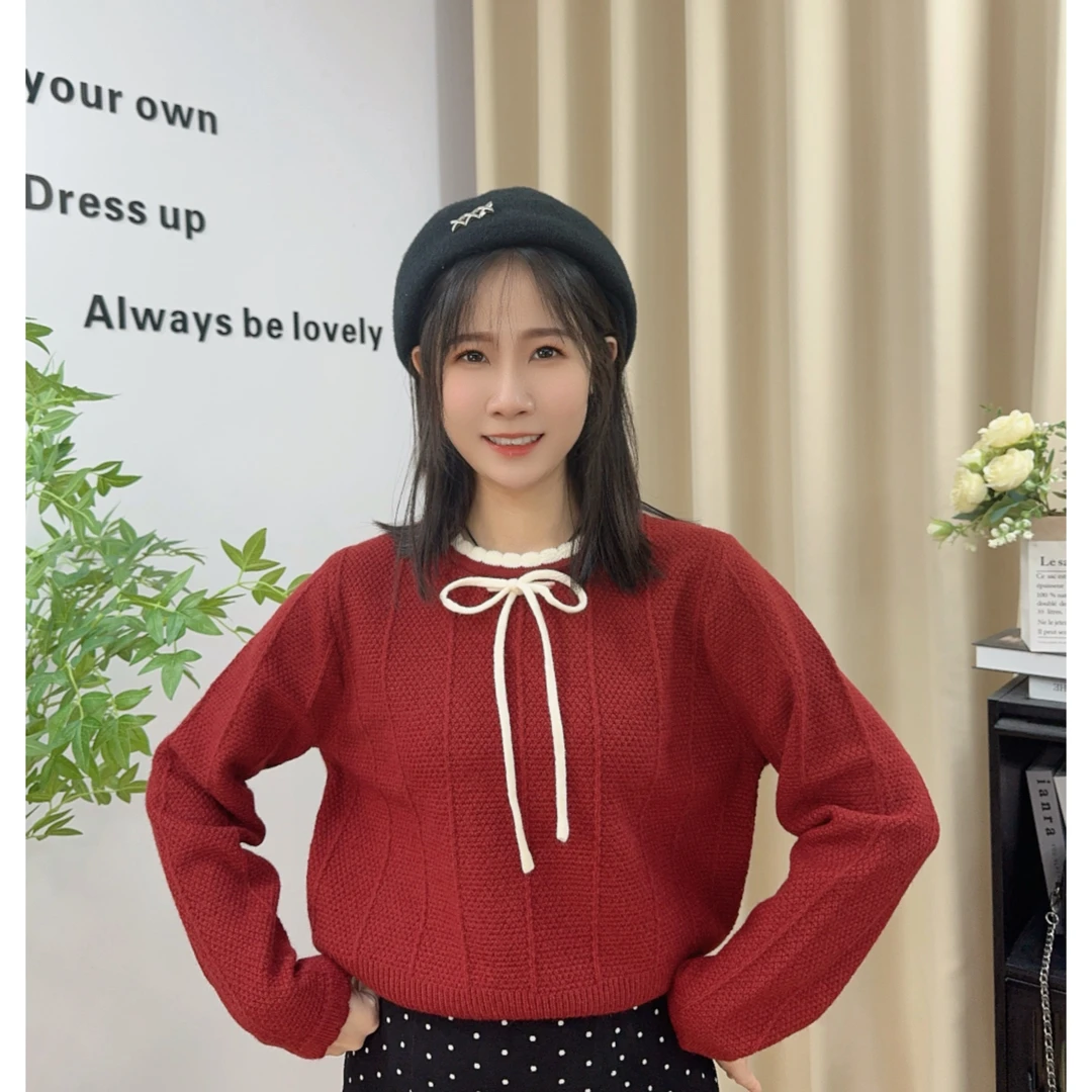 【富贵家】小个子定制秋冬木耳边圆领蝴蝶结绑带甜美长袖短款毛衣