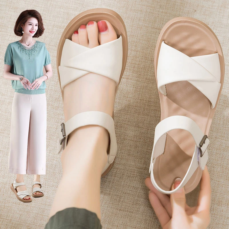 舒适时尚真皮妈妈鞋凉鞋夏季软底外穿厚底平底百搭新款防滑中老年