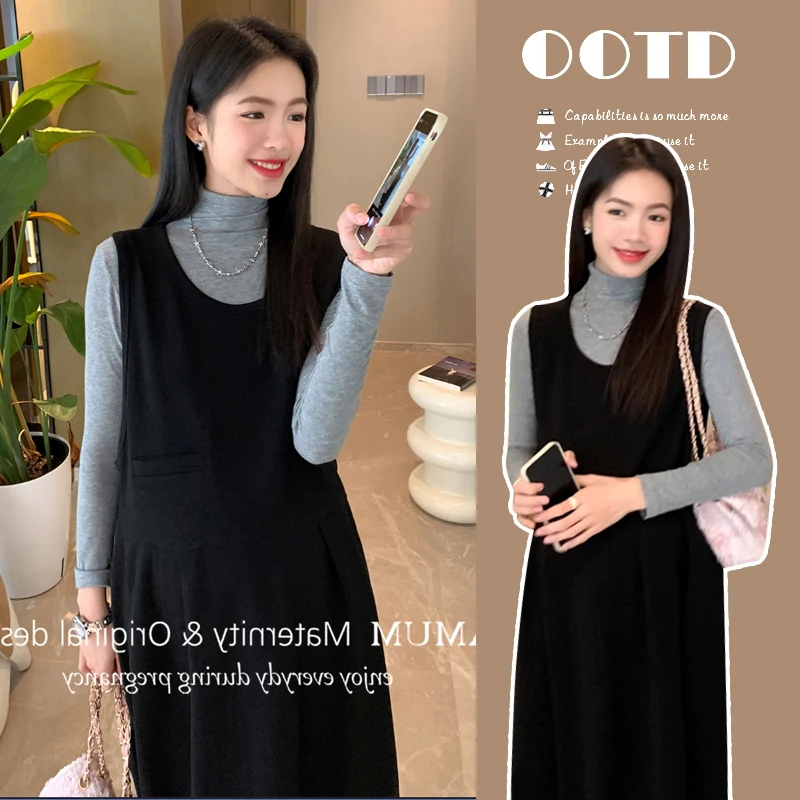 2024秋冬新款时尚洋气孕妇装复古百褶背带裙＋半高领针织打底