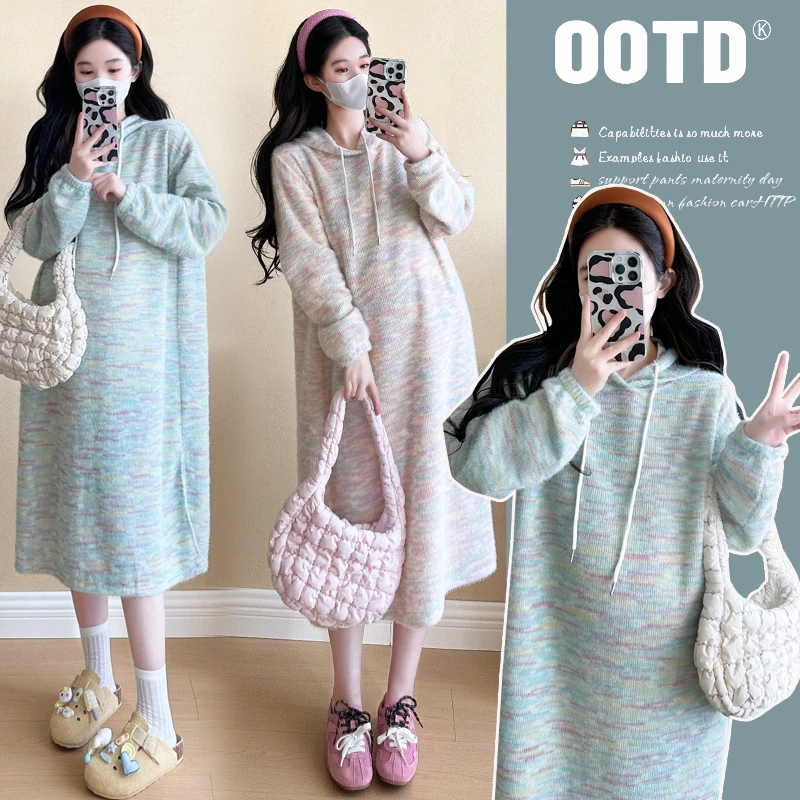 2024秋冬孕妇装休闲连帽宽松显瘦慵懒套头连衣裙韩版时尚卫衣裙子