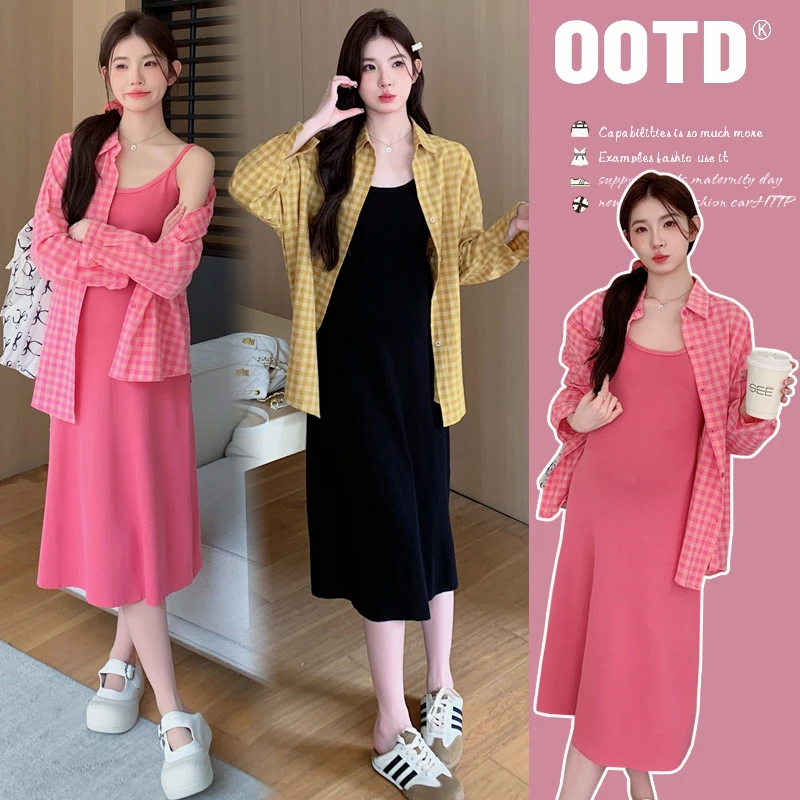 早春孕妇韩版时尚宽松设计感格子防晒长袖衬衣＋针织吊带连衣裙