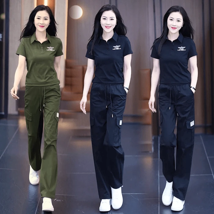 夏季工装套装女高腰修身阔腿气质长裤时尚休闲洋气小个子两件套潮