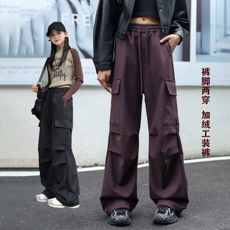 骄骄虎女大童加绒工装裤2024冬季新款初中生光面一体绒长裤潮6467