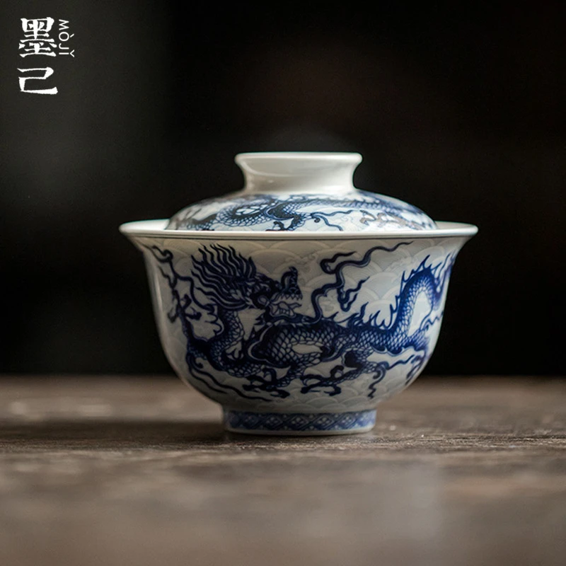 叙事仿古胎青花釉下彩龙纹盖碗 功夫茶具泡茶碗大号 茶室家用碗