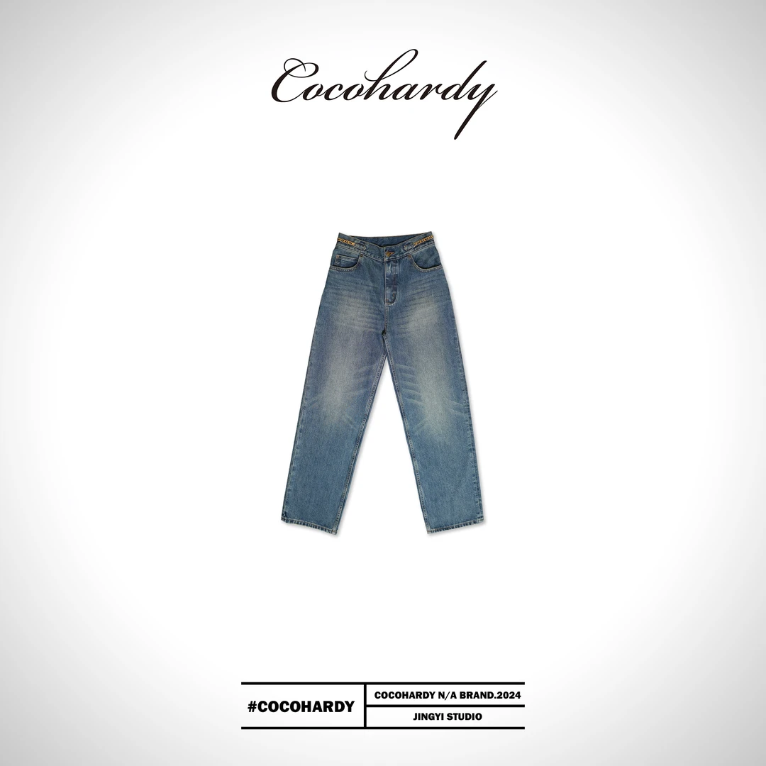 COCOHARDY新款经典铁链高腰显瘦直筒蓝色洗水牛仔裤