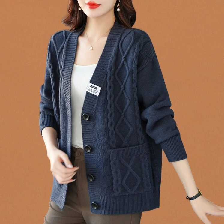 春秋宽松显瘦百搭减龄针织开衫中老年洋气漂亮纯色毛衣外套妈妈装