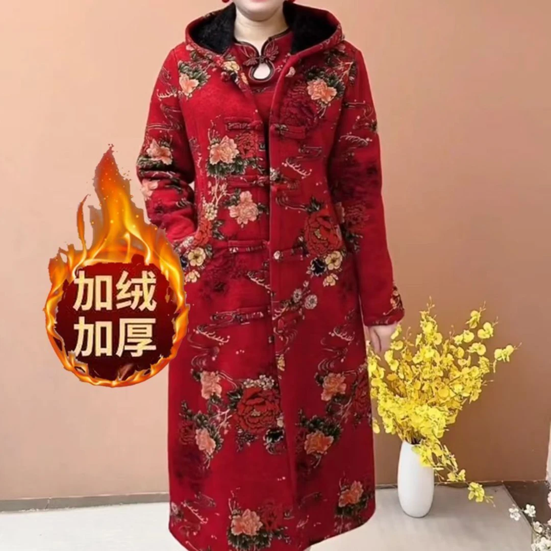 冬季潮流高端休闲新款加绒保暖大衣减龄中老年人印花加厚连帽外套