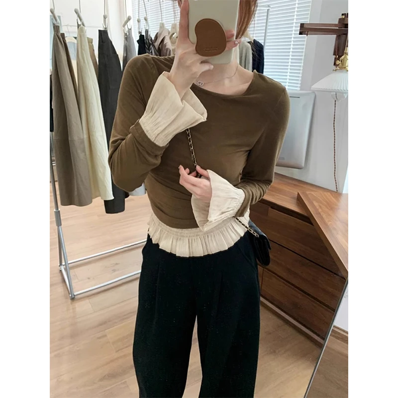 咖色拼接花边喇叭袖假两件长袖T恤女秋季正肩修身内搭打底衫上衣
