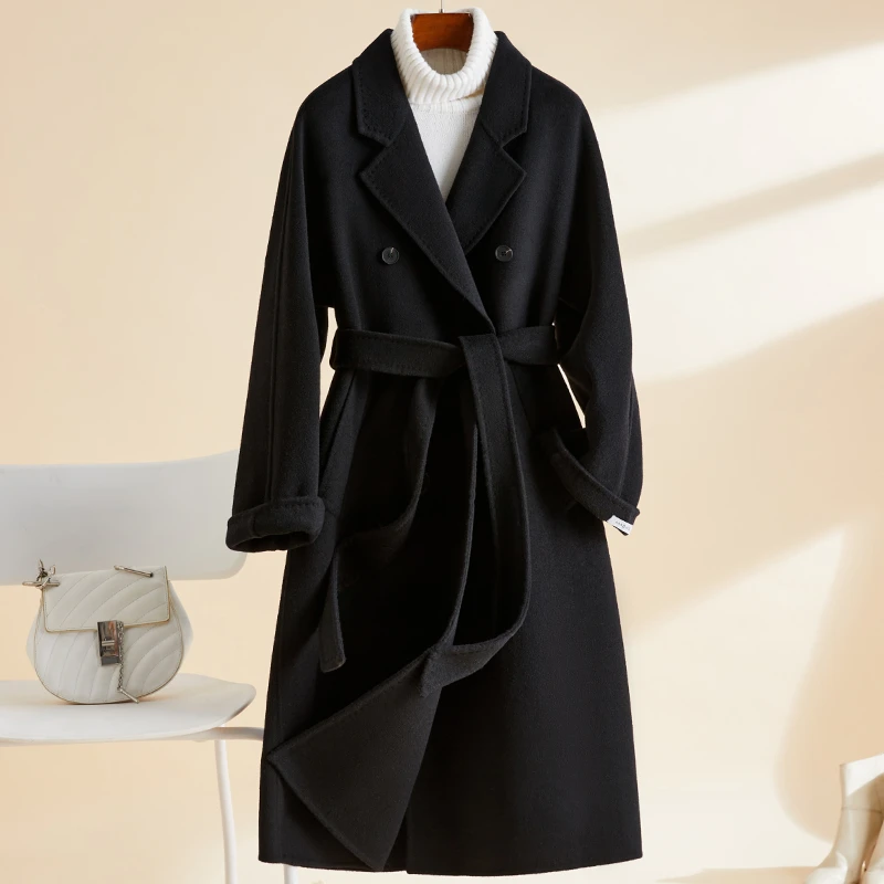 黑色双面羊毛大衣女中长款2024年秋冬高端茧型羊毛呢外套女小个子