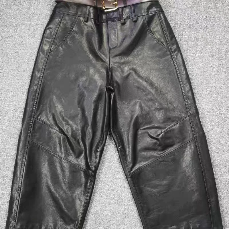 新款真皮头层牛皮油蜡牛皮弯刀裤九分裤中高腰