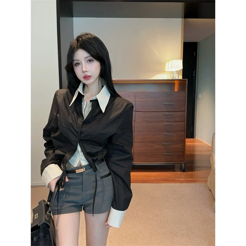 polo领假两件长袖衬衫女秋季高级感抽绳短款上衣宽松咖色工装衬衣