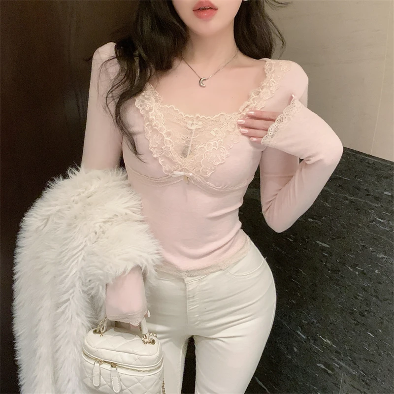 纯欲精致刺绣蕾丝拼接弹力针织衫打底衫上衣