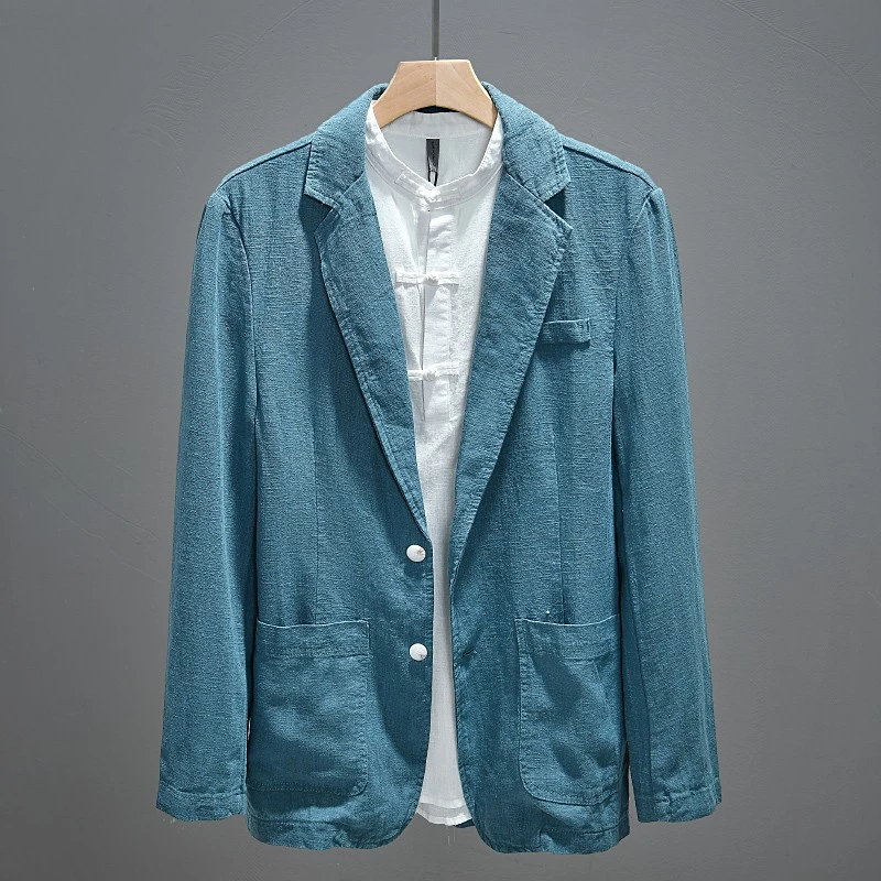 商务休闲男士宽松棉麻外套百搭单层西装外套春秋款复古苎麻小西服