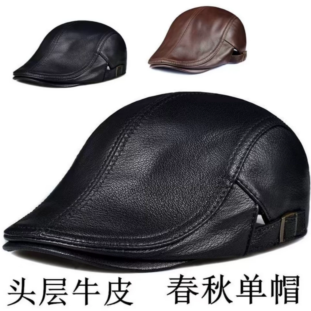 春秋冬季中老年真皮帽子牛皮休闲鸭舌帽男前进帽贝雷帽护外保暖帽
