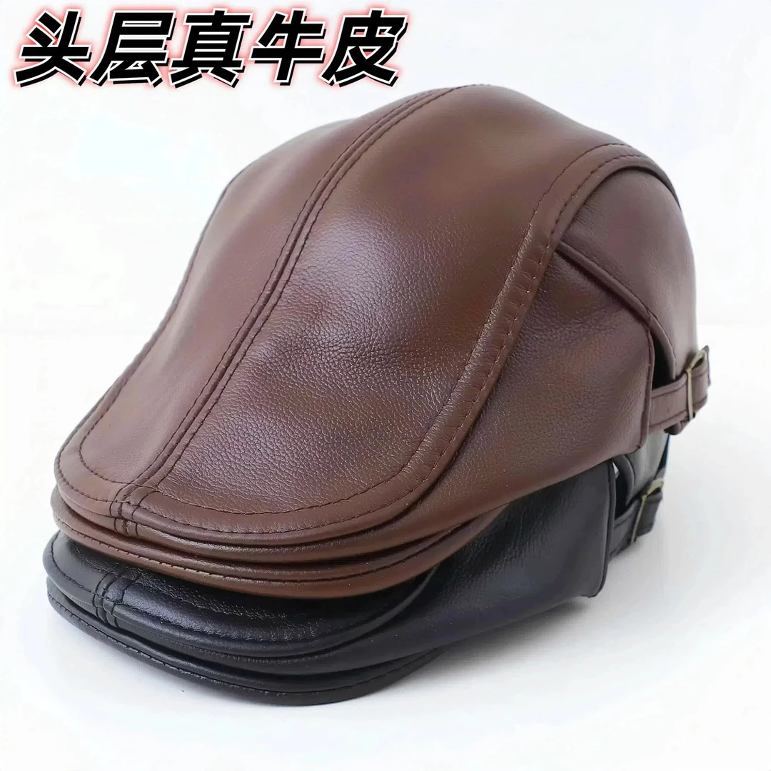中老年人真皮帽子男士头层牛皮秋冬季户外休闲鸭舌前进帽加厚保暖