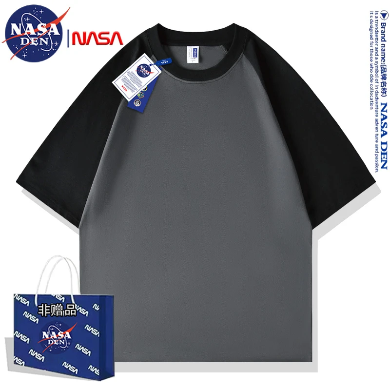 NASA联名夏季男士纯棉短袖T恤拼色潮流中性风百搭插肩袖ins情侣款