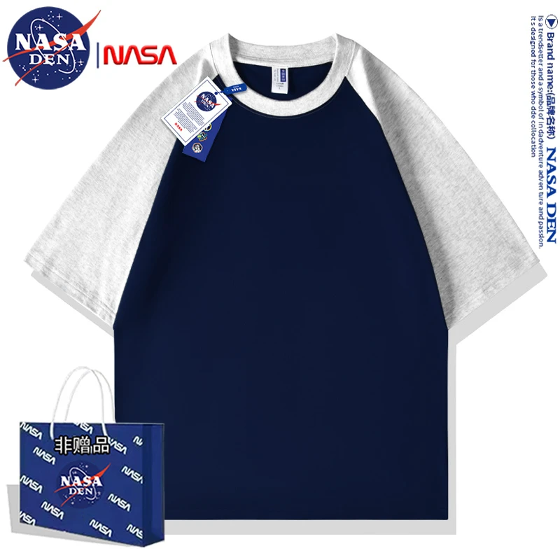 NASA联名插肩袖重磅纯棉T恤小众纯色拼接男女同款五分袖时尚短袖