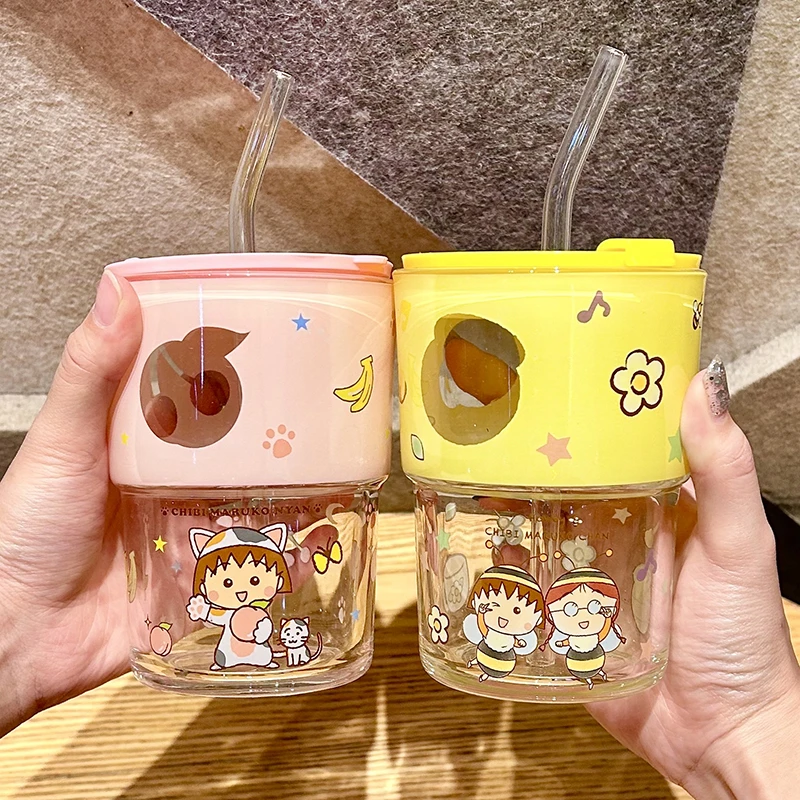 樱桃小丸子玻璃吸管杯子带盖子礼盒可爱卡通家用水杯情侣生日礼物