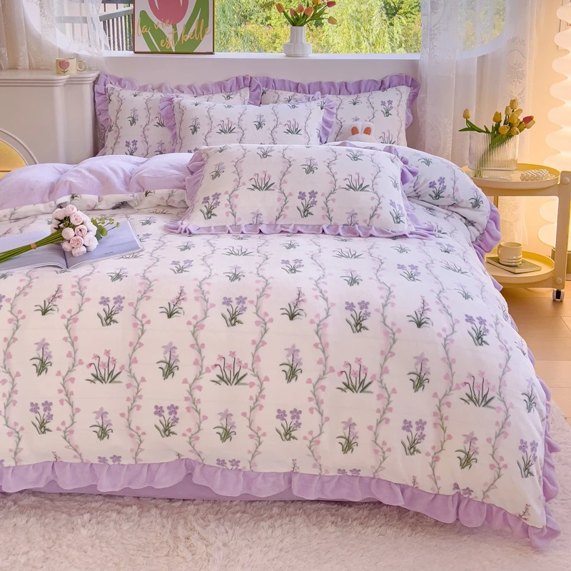 牛奶绒加厚四件套保暖秋冬双面绒被罩被套床上用品碎花韩式印花