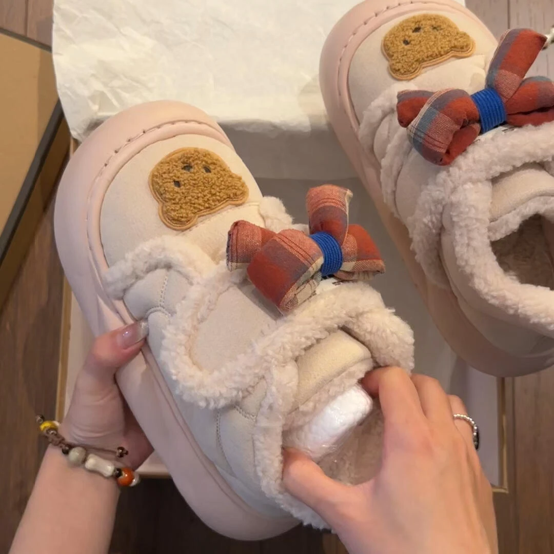 厚底增高可爱卡通小熊棉鞋女2024年冬季加绒加厚一脚蹬东北雪地靴