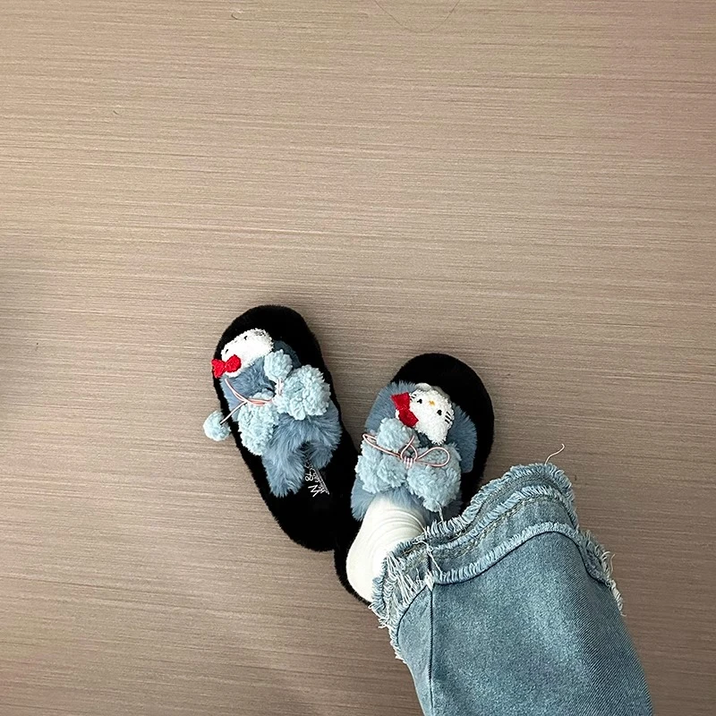 卡通hellokitty毛毛拖鞋女2024秋冬新款厚底外穿居家手工毛绒棉拖