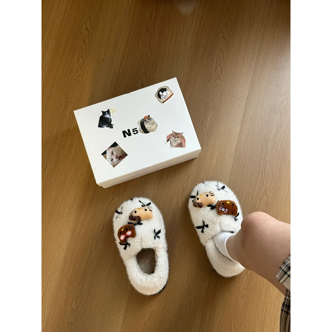 高颜值蝴蝶结kt猫棉鞋女冬季踩屎感舒适保暖一脚蹬甜美毛毛鞋