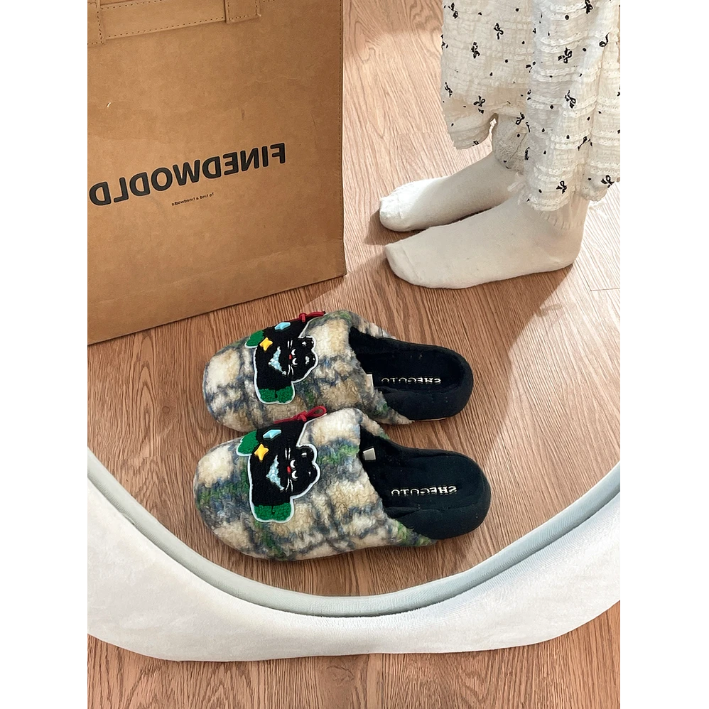 格纹复古黑色小猫包头棉拖鞋女2024秋冬新款外穿室内家居毛绒拖鞋