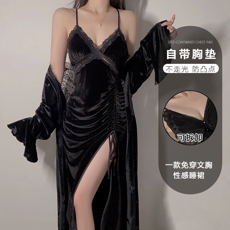 Myoki-秋冬丝绒睡衣性感褶皱开衩加胸垫吊带睡裙外袍两件套套装