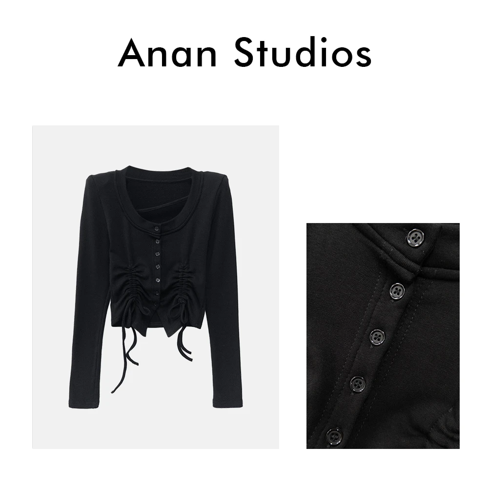 【秋日信笺】新款U领排扣皱褶抽绳修身短款磨毛上衣（带垫肩）231106★