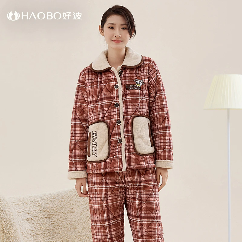 好波睡衣套装女冬季加厚加绒家居服大码睡衣夹棉保暖睡衣HJ23125