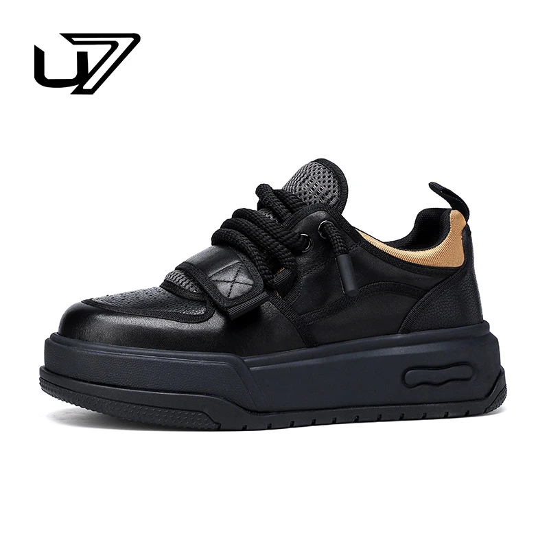 U7品牌男鞋头层牛皮透气休闲板鞋2024新款潮牌时尚百搭软底男鞋