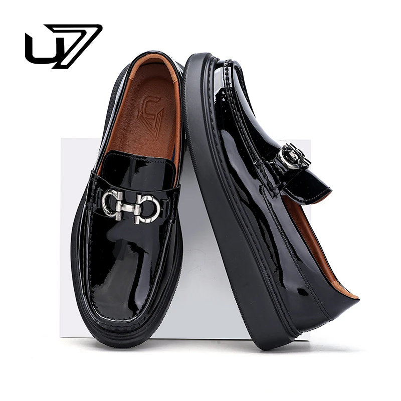 U7品牌男鞋新款真皮商务休闲皮鞋男士厚底百搭懒人一脚蹬乐福鞋