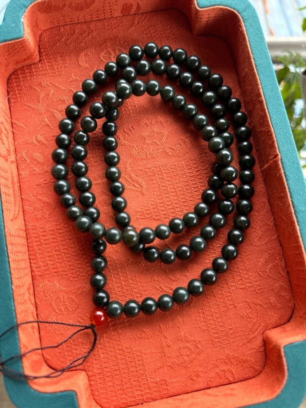 天然新疆和田玉老坑料子油青色卡8项链手工