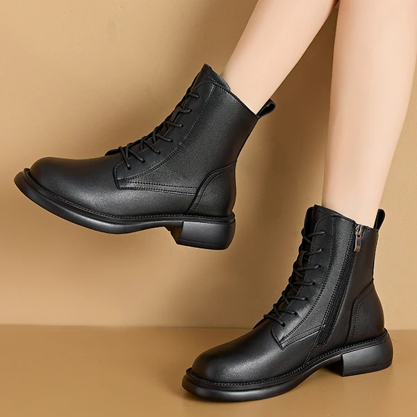 靴子2025秋冬新款真牛小皮鞋增高短靴厚底女鞋加绒粗跟英伦马丁靴