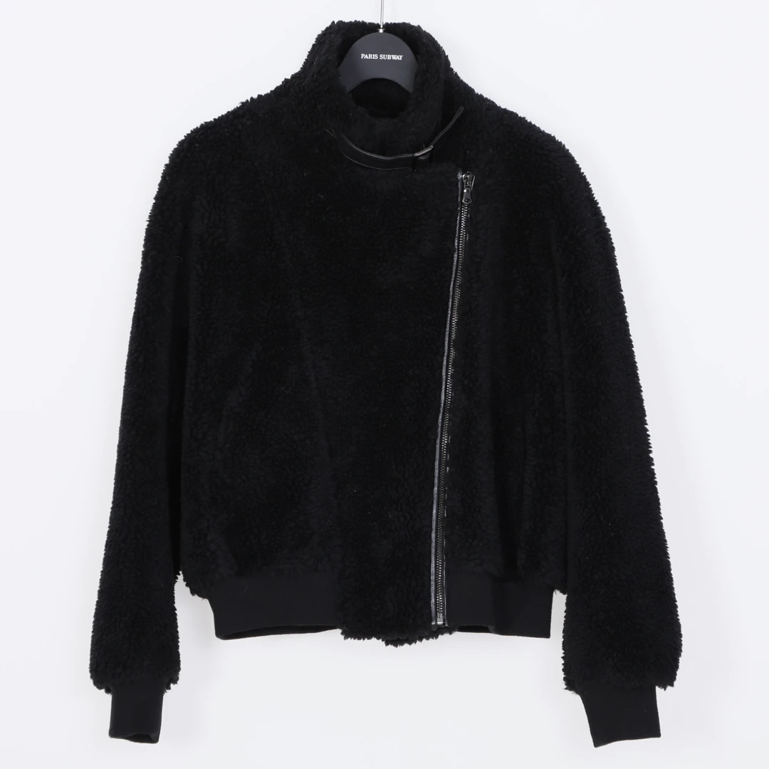 9312DW102A长袖短款时尚休闲黑色高领秋冬立领颗粒羊毛大衣