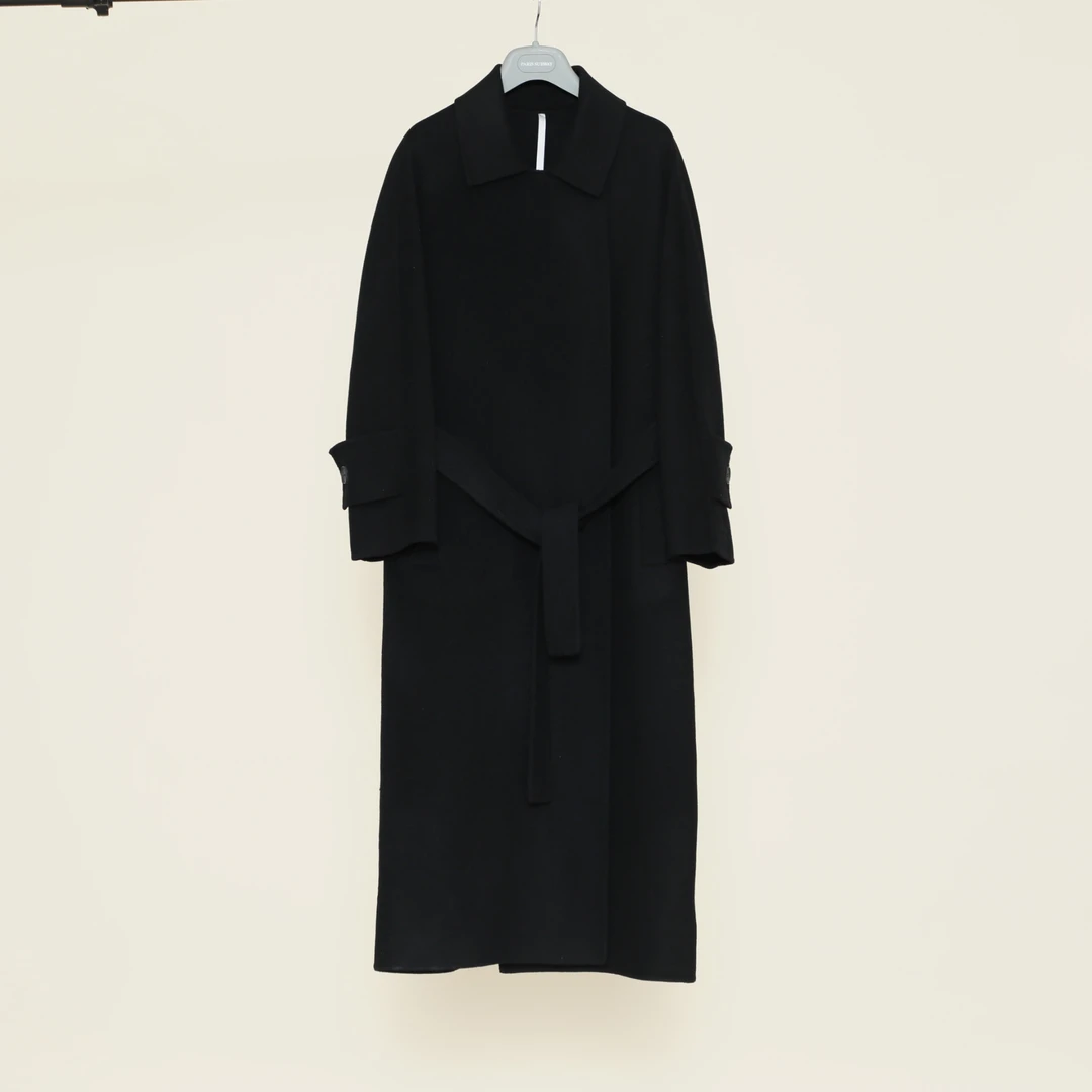 911441599轻奢气质时尚女士黑色羊毛呢长款设计师双面羊毛大衣